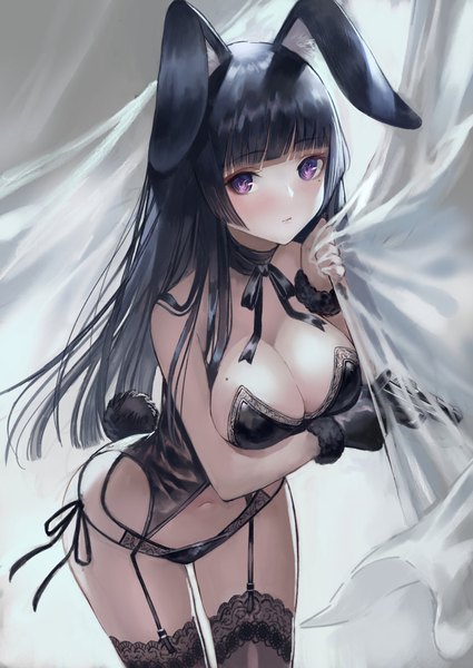 Anime picture 941x1328 with original terai (teraimorimori) single long hair tall image looking at viewer blush fringe breasts light erotic black hair large breasts standing purple eyes animal ears cleavage tail blunt bangs animal tail mole