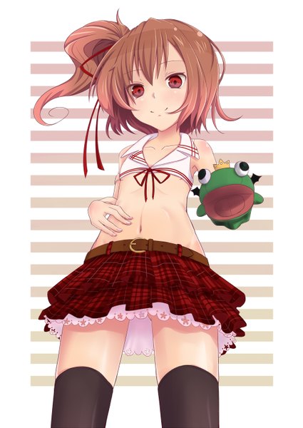 Anime picture 1000x1413 with original meile (artist) tall image short hair smile red eyes brown hair midriff loli girl thighhighs navel ribbon (ribbons) black thighhighs hair ribbon