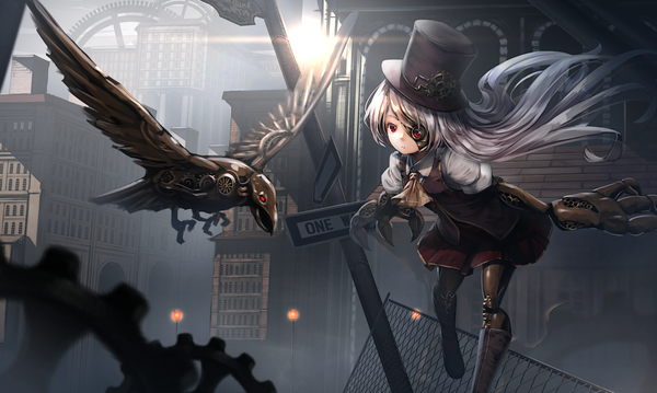 イラスト 1670x1000 と オリジナル ryosios ソロ 長髪 カメラ目線 前髪 赤い目 wide image 銀髪 outdoors city mechanical arms mechanical parts steam punk 女の子 ドレス 建物 眼帯 太陽 塀