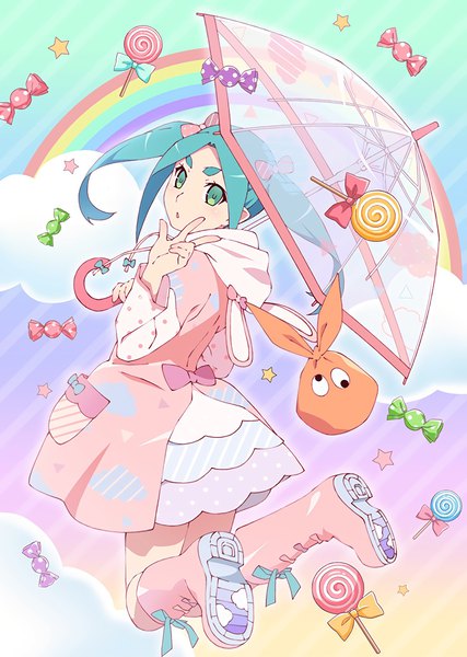 Anime picture 1456x2048 with nisemonogatari monogatari series puc puc shaft (studio) monogatari (series) ononoki yotsugi watanabe akio single tall image looking at viewer green eyes payot cloud (clouds) long sleeves looking back aqua hair official art gradient background soles transparent headwear removed