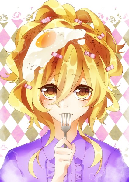 Anime picture 880x1244 with original kyouda suzuka single long hair tall image looking at viewer blush blonde hair holding yellow eyes ponytail mouth hold portrait rhombus girl food fork meat