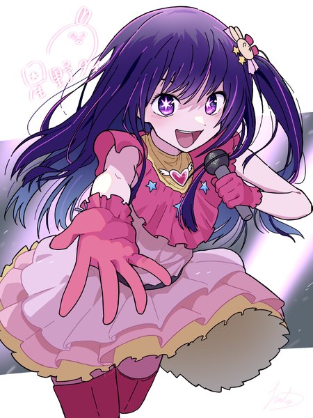 Anime picture 2048x2732 with oshi no ko hoshino ai (oshi no ko) hanten (hantennano) single long hair tall image looking at viewer highres open mouth purple eyes purple hair :d character names one side up symbol-shaped pupils outstretched hand outside border girl dress gloves