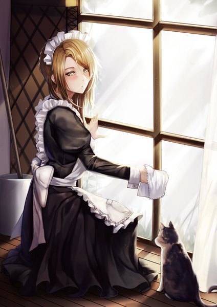 Anime picture 2480x3508 with girls frontline lee-enfield (girls frontline) kibellin single long hair tall image blush fringe highres hair between eyes brown hair holding yellow eyes full body indoors parted lips sunlight maid looking down cleaning