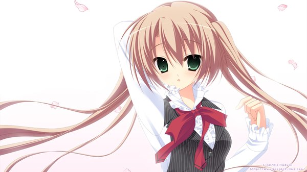 Anime picture 1920x1080 with hazumi rio single long hair looking at viewer blush highres simple background brown hair wide image white background twintails green eyes girl shirt petals bowtie