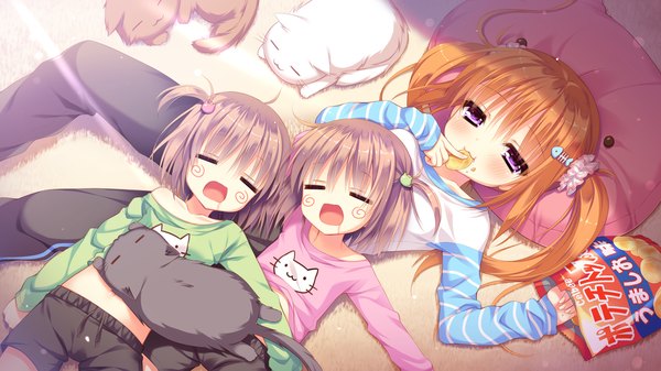 Anime picture 1280x720 with wan nyan a la mode! nekotama rui long hair blush short hair open mouth brown hair wide image purple eyes twintails game cg lying eyes closed orange hair short twintails girl animal shorts cat child (children)