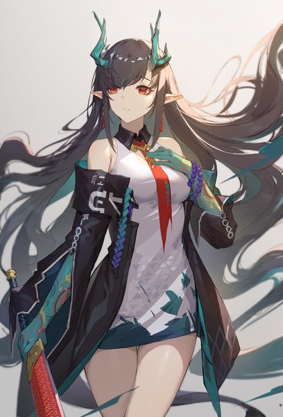 Anime picture 2000x2941 with arknights dusk (arknights) lance (lancelliu) single tall image fringe highres black hair simple background red eyes looking away very long hair horn (horns) pointy ears grey background open jacket hand on chest girl weapon earrings