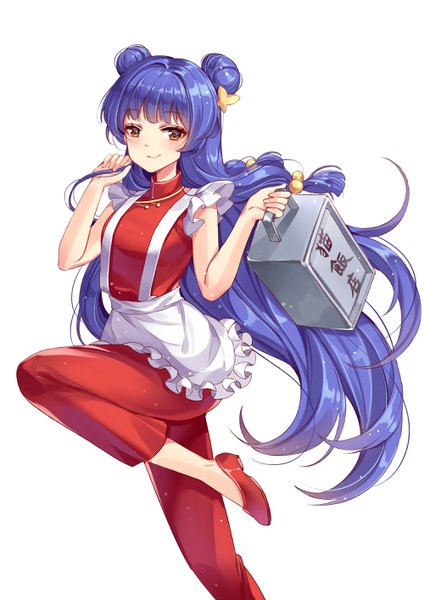 Anime picture 2000x2828 with ranma 1/2 shampoo (ranma 1/2) melon z single long hair tall image looking at viewer fringe highres simple background smile standing white background brown eyes purple hair blunt bangs traditional clothes hair bun (hair buns) standing on one leg chinese clothes
