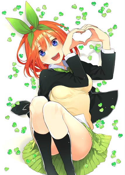 Anime picture 1200x1681 with go-toubun no hanayome nakano yotsuba haruba negi single tall image looking at viewer blush fringe short hair open mouth blue eyes simple background smile hair between eyes white background sitting head tilt pleated skirt orange hair open clothes