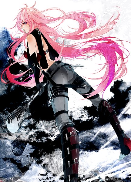 Anime picture 950x1320 with vocaloid megurine luka hebi (yurari) single tall image blush blue eyes pink hair very long hair looking back girl gloves black gloves elbow gloves boots pants collar microphone microphone stand
