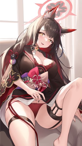 Anime-Bild 1800x3200 mit blue archive wakamo (blue archive) pdxen single long hair tall image looking at viewer fringe highres breasts open mouth light erotic black hair smile large breasts sitting animal ears yellow eyes cleavage bent knee (knees)