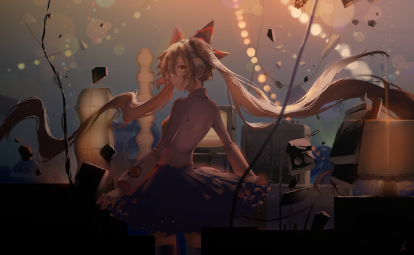 Anime picture 4109x2537 with vocaloid odds & ends (vocaloid) hatsune miku saihate (d3) single fringe highres hair between eyes wide image standing twintails signed payot absurdres long sleeves very long hair looking back depth of field floating hair turning head