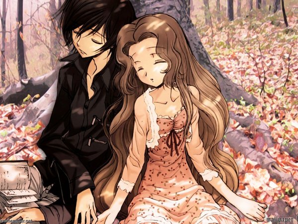Anime picture 1280x960 with code geass sunrise (studio) lelouch lamperouge long hair short hair black hair eyes closed very long hair sleeping girl dress boy plant (plants) shirt tree (trees) book (books) leaf (leaves) forest black shirt