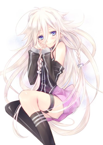 Anime picture 1000x1412 with vocaloid ia (vocaloid) single long hair tall image blush blue eyes simple background white background bare shoulders white hair girl thighhighs skirt detached sleeves socks single thighhigh pink skirt