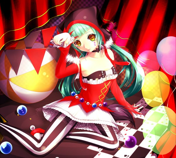 イラスト 2000x1793 と project diva ボーカロイド cat food (vocaloid) 初音ミク 小夜啼鳥（ゅなま） ソロ highres ツインテール 黄色眼 very long hair aqua hair 女の子 ドレス 袖だけ キャップ 玉 string of flags