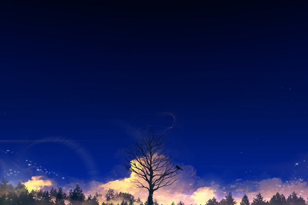 Anime picture 1920x1280 with original y y (ysk ygc) highres cloud (clouds) wallpaper no people landscape scenic bare tree plant (plants) animal tree (trees) bird (birds) crow
