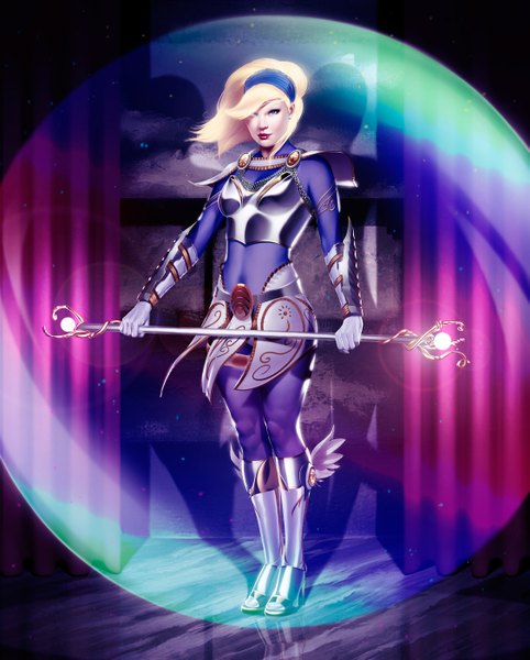 Anime picture 1125x1400 with league of legends lux (league of legends) achibner single long hair tall image blue eyes blonde hair standing lipstick magic girl earrings hairband armor curtains staff