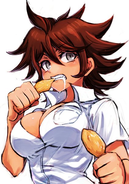 Anime picture 704x1000 with dangan ronpa super dangan ronpa 2 owari akane aosa (momikin) single tall image blush short hair breasts light erotic simple background brown hair large breasts white background looking away from below grey eyes eating saliva clenched teeth