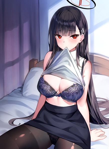 Anime picture 2618x3583 with blue archive rio (blue archive) rei (rei's room) single long hair tall image looking at viewer blush fringe highres breasts light erotic black hair red eyes large breasts sitting holding indoors blunt bangs arm support