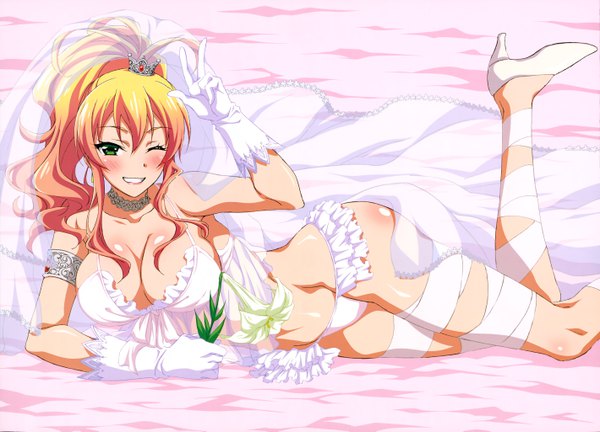 Anime picture 5679x4097 with hajimete no gal nyantype yame yukana single long hair looking at viewer blush highres breasts light erotic blonde hair smile large breasts green eyes absurdres cleavage ponytail one eye closed wink orange hair