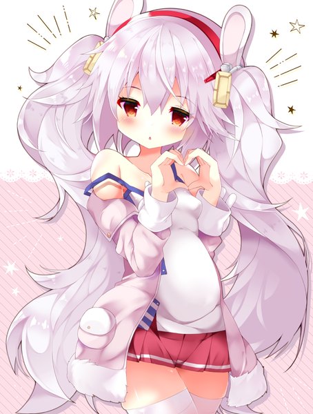 Anime picture 700x924 with azur lane laffey (azur lane) fuuna thise single long hair tall image looking at viewer blush fringe breasts light erotic simple background hair between eyes red eyes standing twintails bare shoulders animal ears silver hair upper body