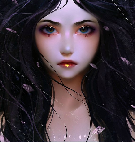 Anime picture 800x840 with original numyumy single long hair tall image looking at viewer blush fringe black hair bare shoulders brown eyes signed upper body wind lips realistic lipstick watermark portrait dark background