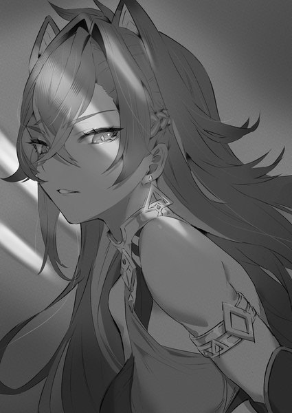 Anime picture 2150x3035 with genshin impact dehya (genshin impact) sukoyaka93 single long hair tall image looking at viewer fringe highres breasts hair between eyes bare shoulders animal ears upper body parted lips multicolored hair streaked hair monochrome extra ears girl
