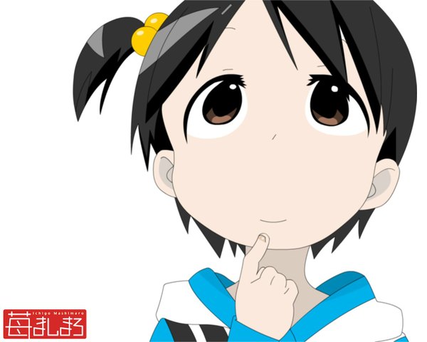 Anime picture 1280x1024 with ichigo mashimaro itou chika single fringe short hair black hair smile white background brown eyes copyright name finger to mouth looking up face thinking girl