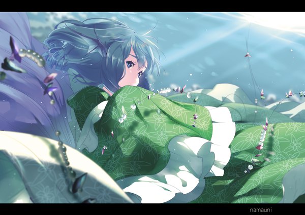 Anime picture 1771x1254 with touhou wakasagihime namauni single long hair looking at viewer fringe highres blue eyes hair between eyes signed animal ears blue hair long sleeves traditional clothes japanese clothes profile sunlight blurry wide sleeves