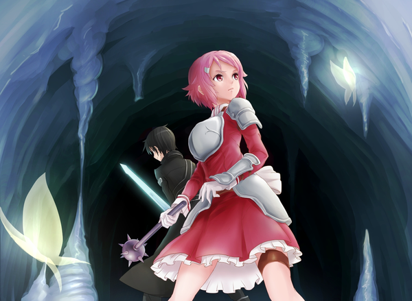 Anime picture 1298x950 with sword art online a-1 pictures kirigaya kazuto lisbeth ao ebi short hair black hair red eyes pink hair girl dress boy weapon sword armor insect butterfly cloak
