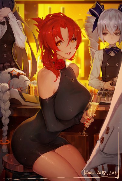 Anime picture 2480x3694 with honkai impact 3rd benghuai xueyuan honkai (series) raiden mei kiana kaslana bronya zaychik murata himeko han-0v0 long hair tall image looking at viewer fringe highres breasts light erotic black hair hair between eyes large breasts sitting twintails