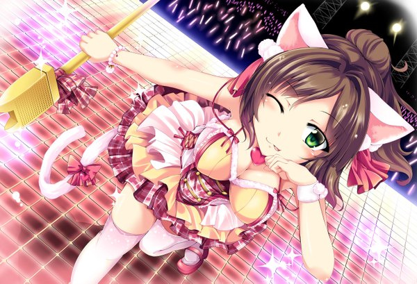 Anime picture 1364x931 with idolmaster idolmaster cinderella girls maekawa miku fujy looking at viewer short hair breasts brown hair green eyes animal ears cleavage tail animal tail one eye closed wink cat ears cat girl cat tail girl thighhighs
