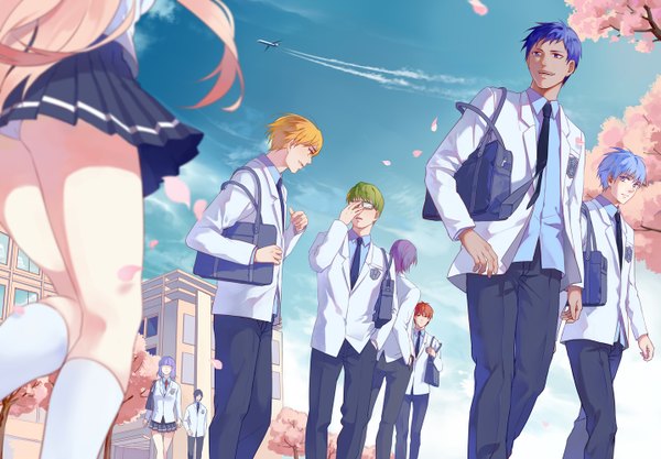 Anime picture 1436x1000 with kuroko no basket production i.g kuroko tetsuya kise ryouta aomine daiki akashi seijuurou midorima shintarou murasakibara atsushi momoi satsuki gakushuu kun long hair short hair light erotic blonde hair smile pink hair sky purple hair cloud (clouds) red hair