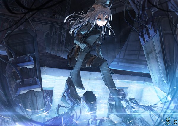 Anime picture 1200x852 with kantai collection u-511 submarine bae.c single long hair fringe blue eyes sitting holding signed looking away bent knee (knees) white hair shadow pale skin glow ruins soaking feet destruction girl