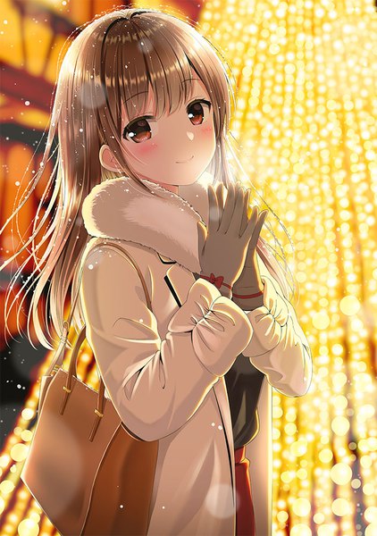 Anime picture 703x1000 with original yuuka nonoko single long hair tall image looking at viewer blush fringe blonde hair smile hair between eyes brown hair standing brown eyes outdoors head tilt multicolored hair blurry open clothes two-tone hair