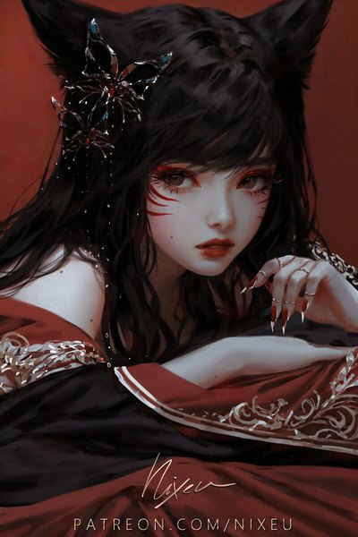 Anime-Bild 800x1200 mit league of legends ahri (league of legends) nixeu single long hair tall image looking at viewer fringe black hair simple background brown eyes signed animal ears upper body blunt bangs nail polish parted lips fingernails lips realistic