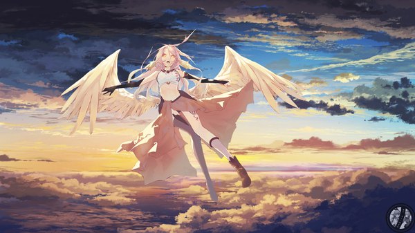 Anime picture 1920x1080 with no game no life madhouse jibril (no game no life) la-na siimeo single long hair looking at viewer highres breasts open mouth light erotic blonde hair wide image yellow eyes sky cloud (clouds) bent knee (knees) bare belly watermark