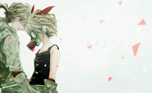 Anime picture 1602x976 with vocaloid kagamine rin kagamine len rakeru short hair blonde hair simple background wide image white background ponytail eyes closed profile alternate costume girl hairband headphones gas mask