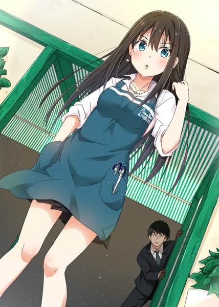 Anime picture 606x850 with idolmaster idolmaster cinderella girls shibuya rin producer (idolmaster) producer (idolmaster cinderella girls anime) mirai (macharge) long hair tall image looking at viewer blush short hair black hair brown hair standing from below open collar hand in pocket twisty sleeves girl boy