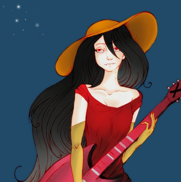 Anime picture 1359x1367 with adventure time marceline (adventure time) single long hair tall image black hair simple background red eyes girl dress gloves hat elbow gloves red dress guitar fireflies bass guitar