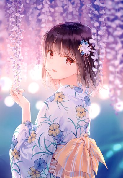 Anime picture 2406x3464 with original hiten (hitenkei) single tall image looking at viewer blush fringe highres short hair open mouth smile red eyes brown hair standing upper body blunt bangs traditional clothes :d japanese clothes scan