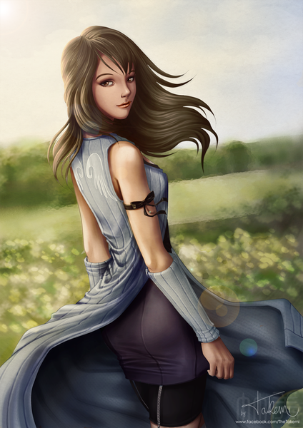 Anime picture 919x1300 with final fantasy final fantasy viii square enix rinoa heartilly the takemi single long hair tall image looking at viewer fringe brown hair standing bare shoulders brown eyes signed sky looking back light smile wind blurry