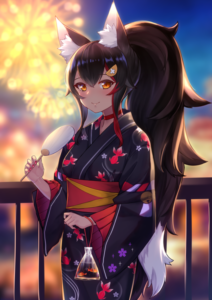 Anime picture 2894x4092 with virtual youtuber hololive ookami mio yamabuki7979 single long hair tall image looking at viewer blush fringe highres black hair smile hair between eyes standing holding brown eyes animal ears outdoors ponytail