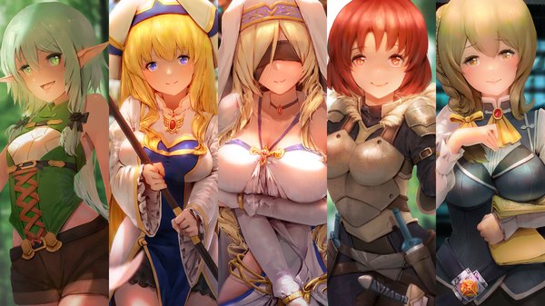 Anime picture 1920x1080 with goblin slayer! high elf archer (goblin slayer!) priestess (goblin slayer!) sword maiden cow girl (goblin slayer!) guild girl (goblin slayer!) aduo long hair looking at viewer blush fringe highres short hair breasts open mouth blue eyes light erotic blonde hair smile hair between eyes