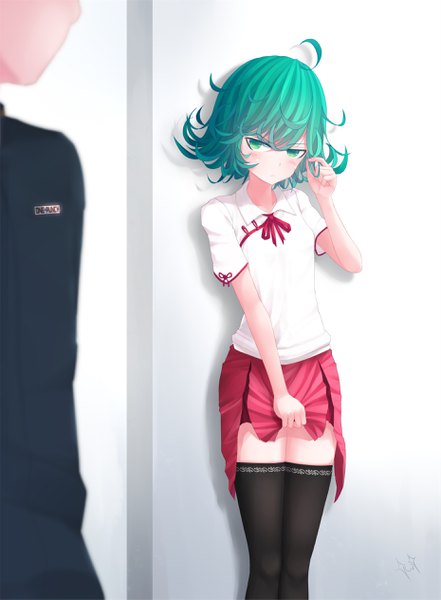 Anime picture 1857x2525 with one-punch man madhouse tatsumaki twt tall image blush highres short hair light erotic green eyes ahoge traditional clothes green hair embarrassed copyright name chinese clothes solo focus skirt lift curly hair playing with hair