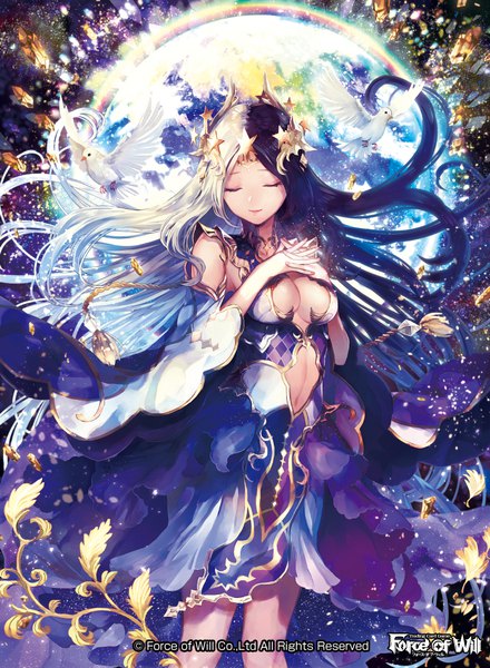 Anime picture 734x1000 with force of will natsuiro xx single tall image breasts light erotic black hair standing bare shoulders white hair eyes closed multicolored hair light smile two-tone hair copyright name floating hair glowing eyebrows interlocked fingers girl