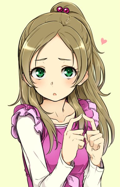 Anime picture 516x800 with precure suite precure toei animation minamino kanade minazuki randoseru single long hair tall image looking at viewer blush open mouth simple background brown hair white background green eyes ponytail fingers together girl hair ornament heart