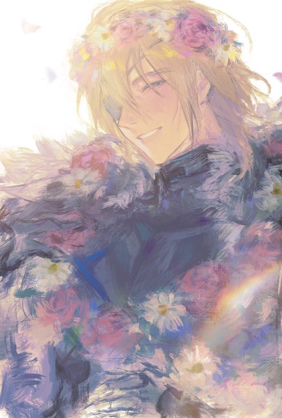 Anime picture 1384x2048 with fire emblem fire emblem: three houses nintendo dimitri alexandre blaiddyd sangzhujun single tall image looking at viewer fringe short hair blue eyes blonde hair smile hair between eyes upper body parted lips boy flower (flowers) eyepatch wreath