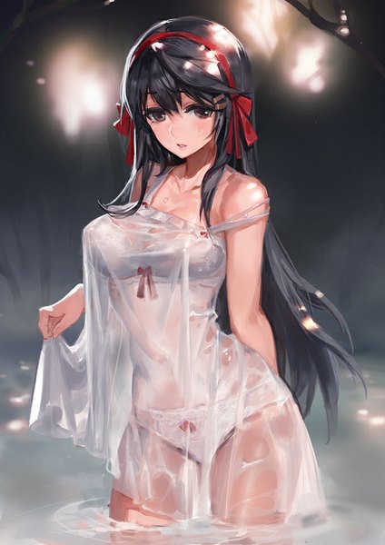 Anime picture 679x960 with kantai collection haruna battleship kishiyo single long hair tall image looking at viewer blush fringe breasts light erotic black hair large breasts standing brown eyes outdoors parted lips arm up blurry night