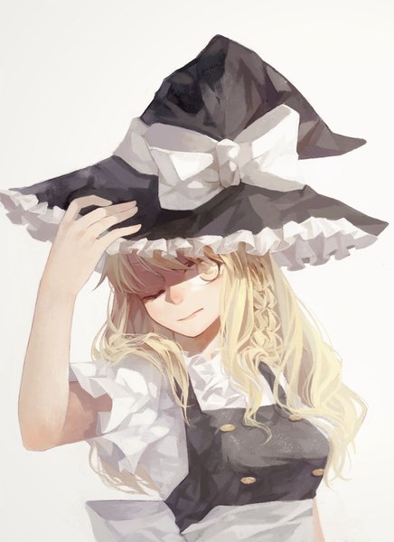 Anime picture 1299x1786 with touhou kirisame marisa momozi (mkingnight) single long hair tall image looking at viewer blush simple background blonde hair white background yellow eyes upper body one eye closed wink girl dress hat witch hat hat ribbon