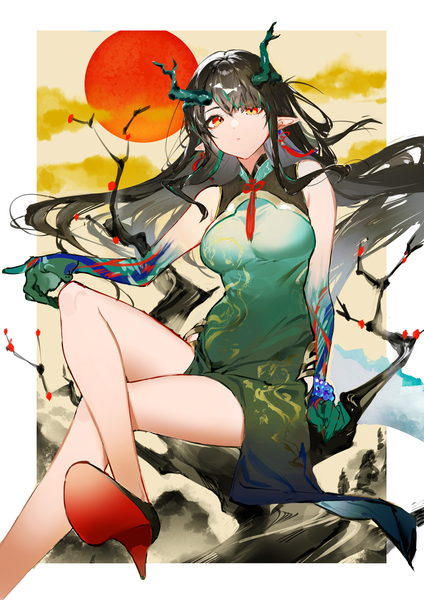 Anime picture 1447x2047 with arknights dusk (arknights) dusk (everything is a miracle) (arknights) ichibi single long hair tall image black hair red eyes sitting traditional clothes horn (horns) pointy ears arm support bare legs high heels crossed legs official alternate costume border chinese clothes